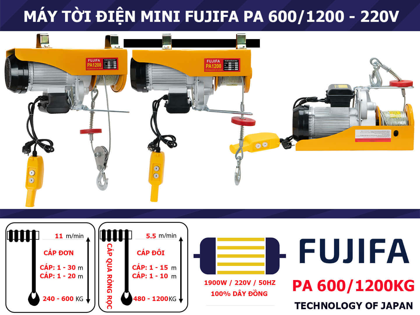 Máy tời điện mini FUJIFA PA 600/1200, 220V 7